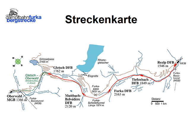 フルカ山岳蒸気鉄道路線図